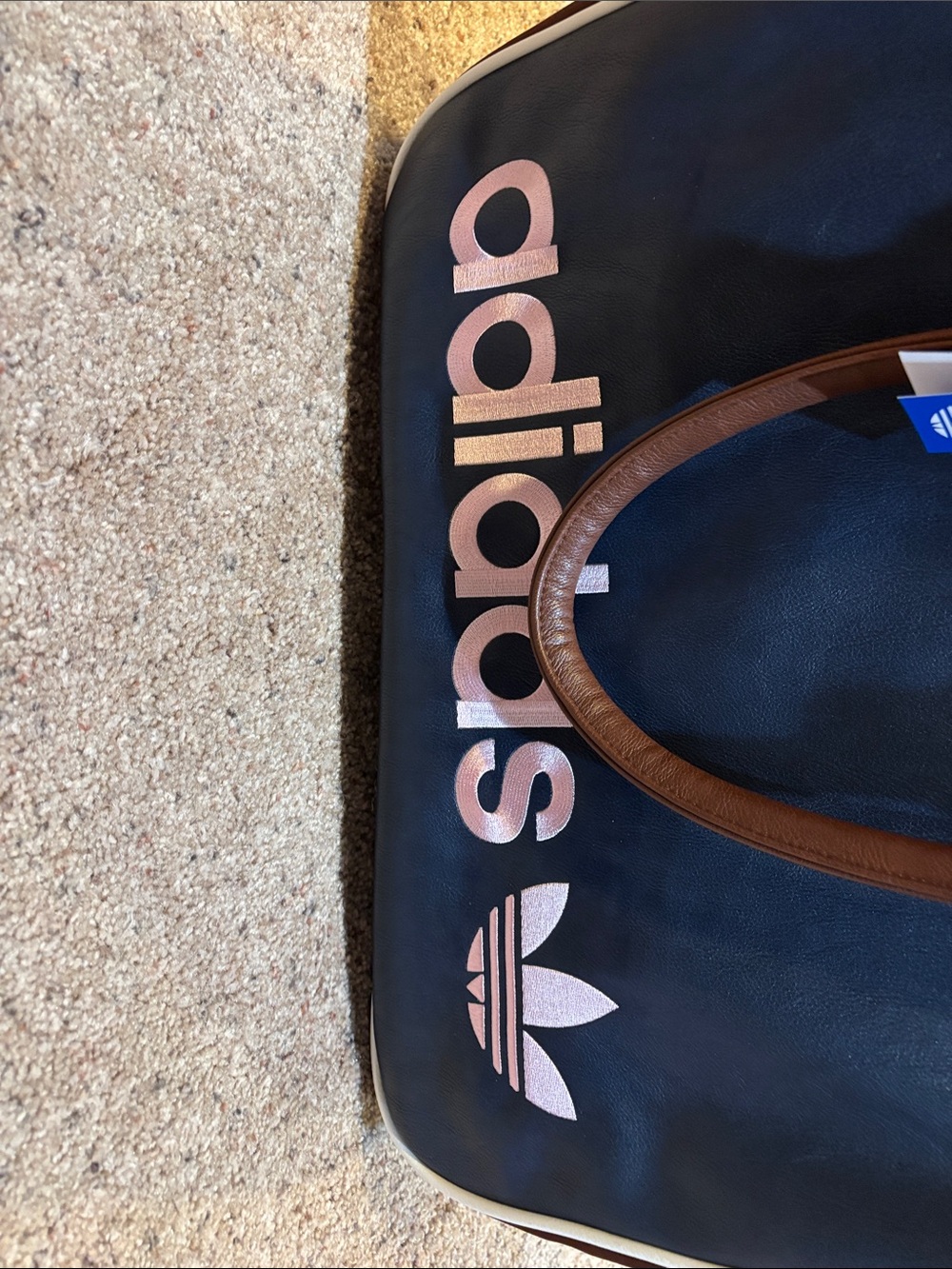 adidas leather navy Duffel Bag with Pink Logo and Brown Handles - Picture 2 of 7